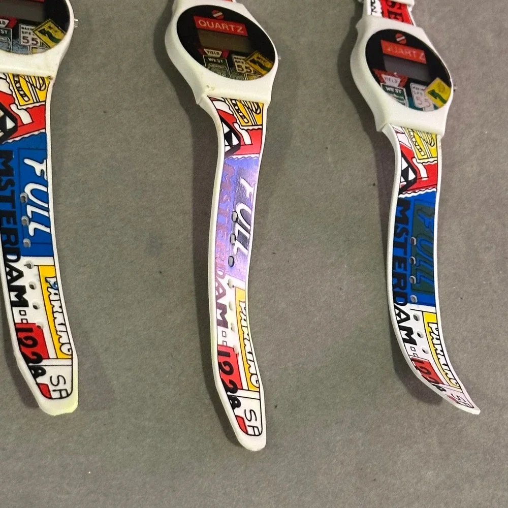 Vintage 90s Pop Art‎ Road Sign Digital Quartz Watch Lot of 3 Retro Kitsch White